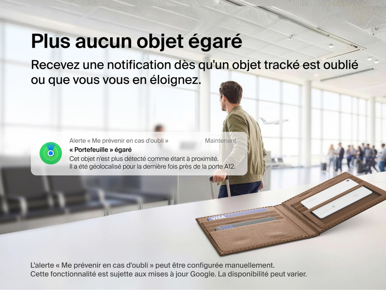Image de la carte Belkin&nbsp;SureFind dans un portefeuille, &agrave; l'a&eacute;roport, illustrant les alertes &laquo;&nbsp;Me pr&eacute;venir en cas d'oubli&nbsp;&raquo;.
