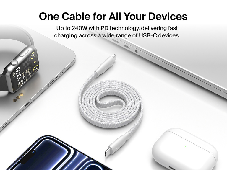 Belkin BoostCharge Pro Magnetic USB-C Cable 240W shown with multiple USB-C devices, providing up to 240W Power Delivery fast charging for phones, laptops, and accessories.
