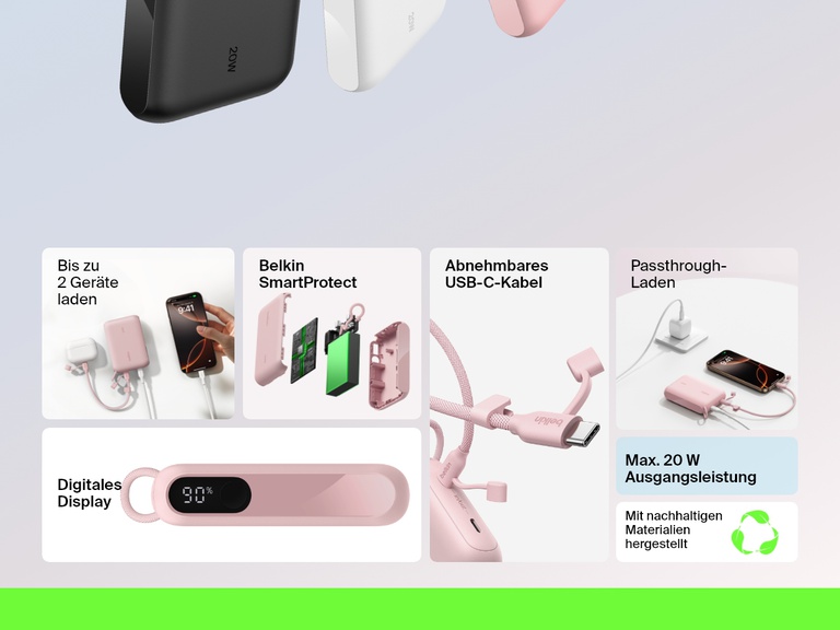 Infografik, die die wichtigsten Funktionen der Belkin BoostCharge Powerbank 10K mit Display zeigt: 20-Watt-Ausgangsleistung, Aufladung von zwei Geräten, digitale Akkustand-Anzeige, abnehmbares USB-C-Kabel, Laden per Passthrough, Belkin SmartProtect und nachhaltige Materialien.