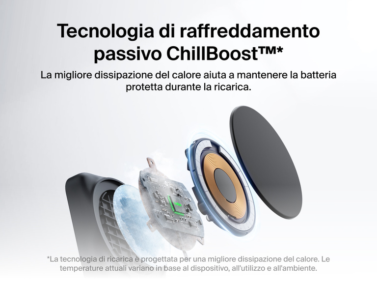 Immagine del caricabatteria magnetico pieghevole 2 in 1 con Qi2 da 25 W Belkin UltraCharge con tecnologia di raffreddamento passivo ChillBoost™, per una migliore dissipazione del calore e maggiore protezione della batteria del dispositivo durante la ricarica.