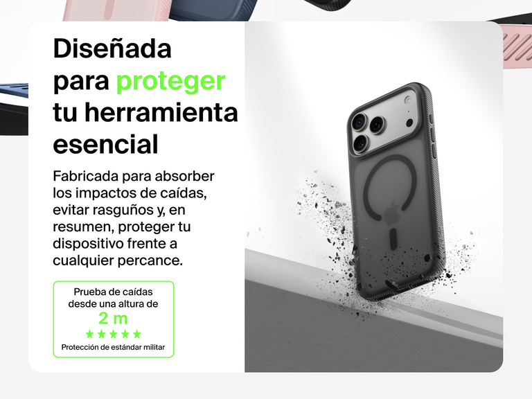 Belkin SheerForce Grip Series Case for iPhone 17 shown with textured grip and impact protection against drops.