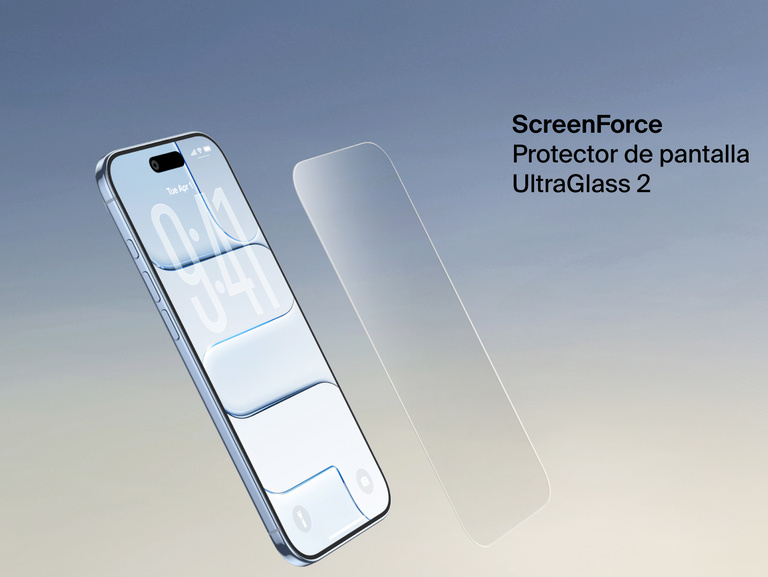 Belkin ScreenForce UltraGlass 2 Screen Protector shown next to an iPhone for durable, edge-to-edge screen protection.