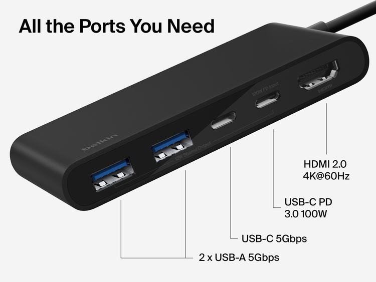 Belkin Connect 5-Port USB-C Hub with Dual USB-C Ports includes HDMI 2.0 4K@60Hz, USB-C PD 3.0 100W, USB-C 5Gbps, and dual USB-A 5Gbps ports.