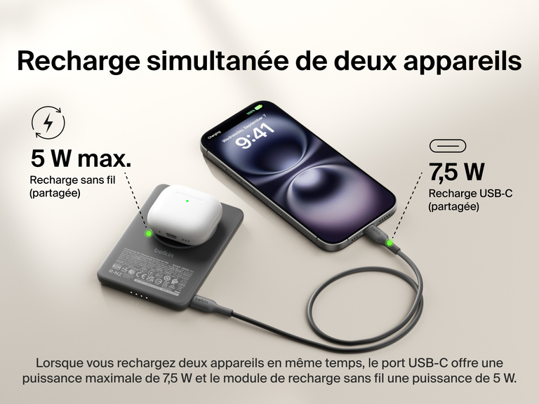 Belkin BoostCharge Slim Magnetic Power Bank 5K shown charging a smartphone and wireless earbuds simultaneously, demonstrating dual charging with 7.5W USB-C and 5W wireless shared power output.