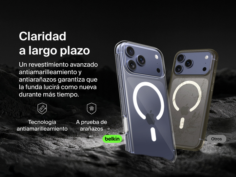 Belkin SheerForce Clear Series Case for iPhone 17 with anti-yellowing and scratch-resistant technology compared to discolored generic case.