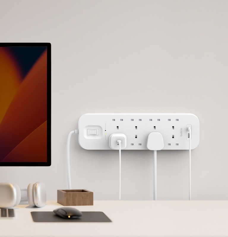 Belkin 8-Outlet Surge Protector with USB-A and USB-C Ports includes built-in wall mounts and a 2M cable. 