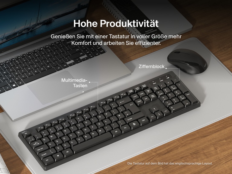 Die kabellose Belkin Connect Tastatur mit Maus ist auf einem Schreibtisch mit einem Laptop zu sehen. Die Tastatur in voller Größe mit Multimedia-Tasten und Ziffernblock, die Produktivität und Komfort erhöht, wird hervorgehoben.