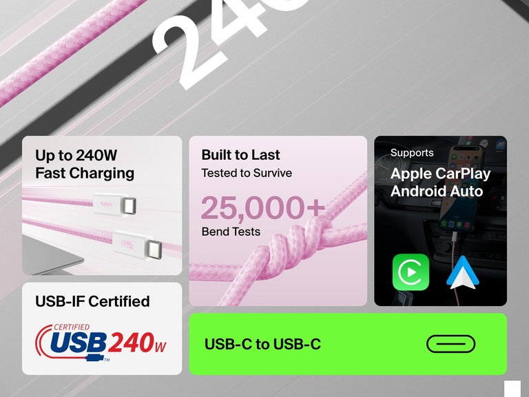 Infographic highlighting the Belkin BoostCharge USB-C to USB-C Cable 240W with up to 240W fast charging, 25,000+ bend durability, Apple CarPlay and Android Auto support, and USB-IF certification.