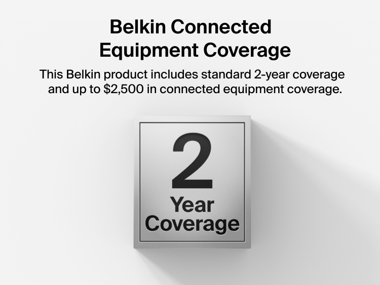 Image showing Belkin Stage Creator Kit featuring 2-year product warranty and up to $2,500 in connected equipment coverage for added protection and reliability.