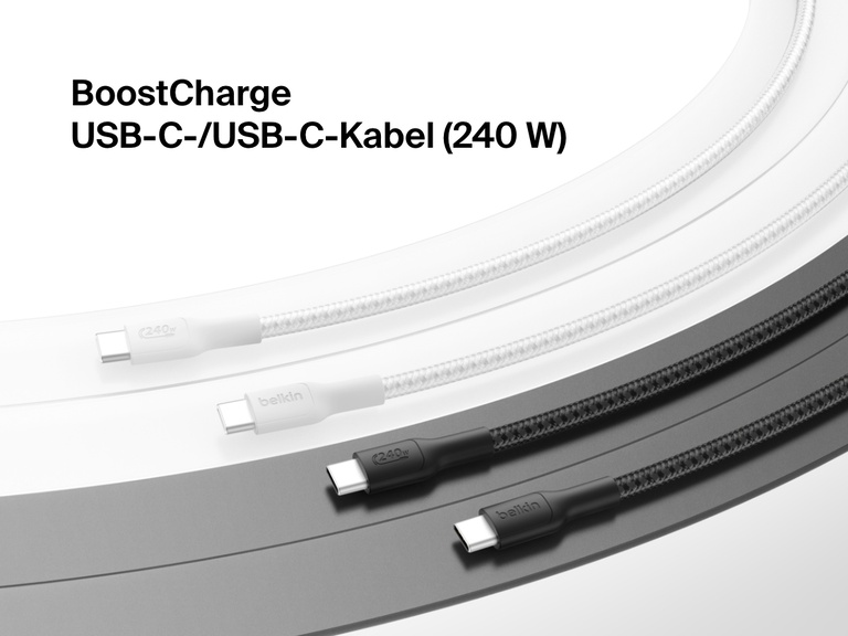 Flat lay of two black and two white Belkin BoostCharge Pro USB-C to USB-C Braided Cables 240W coiled on a gradient background with product name displayed in black text.