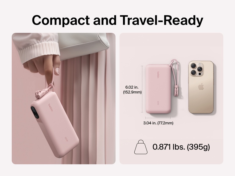 Belkin BoostCharge Power Bank 20K with Display shown in hand and next to a smartphone to highlight its compact, travel-ready design with dimensions of 6.02 x 3.04 inches and a lightweight build of 0.871 lbs (395g).