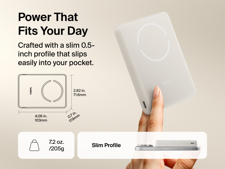 Slim Magnetic Power Bank 10K with Qi2 shown in hand and next to smartphone highlighting slim size and portability dimensions