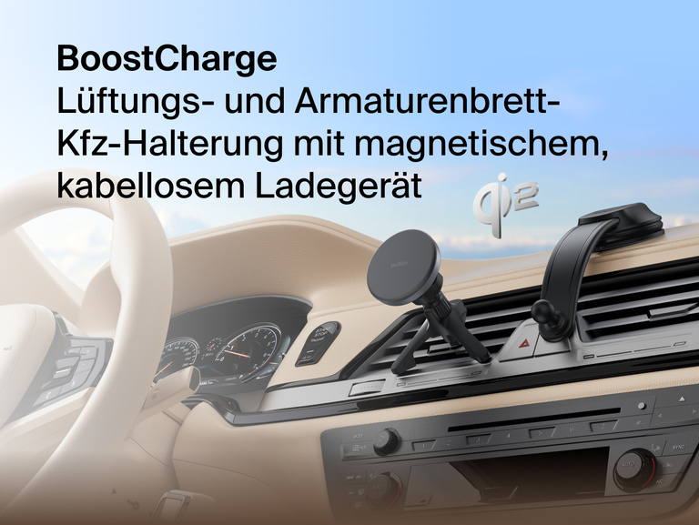 Belkin BoostCharge Magnetic Wireless Charging Car Vent and Dash Mount shown installed in a vehicle, featuring Qi2 fast charging with a portrait or landscape magnetic phone attachment.