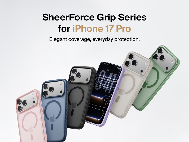 Belkin SheerForce Grip Series protective case for iPhone 17 shown in pink, clear, and black with slim design and MagSafe compatibility.