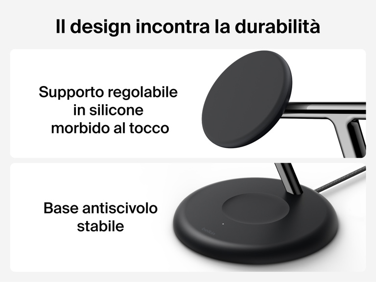Belkin UltraCharge 3-in-1 Wireless Charging Stand with Qi2 25W highlighting soft-touch adjustable magnetic mount and stable non-slip base for durable everyday use