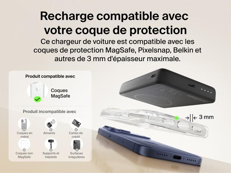 Belkin BoostCharge Slim Magnetic Power Bank 10K charging through MagSafe-compatible phone case up to 3mm thickness with secure magnetic alignment