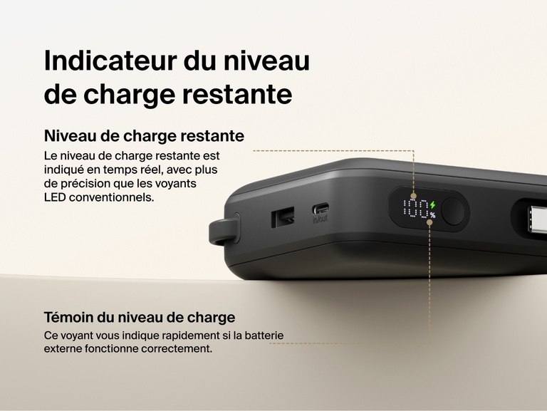 Belkin UltraCharge 20K 45W power bank with digital display showing real-time battery percentage and charging status for accurate power monitoring