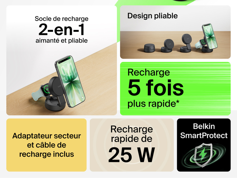 Image du socle de recharge 2-en-1 Belkin UltraCharge&nbsp;Pro aimant&eacute; et pliable avec Qi2 25&nbsp;W dot&eacute; d'un design polyvalent, de la fonction d'alignement magn&eacute;tique s&eacute;curis&eacute;, d'une recharge sans fil jusqu'&agrave; 5&nbsp;fois plus rapide et accompagn&eacute; d'un adaptateur secteur et d'un c&acirc;ble de recharge.