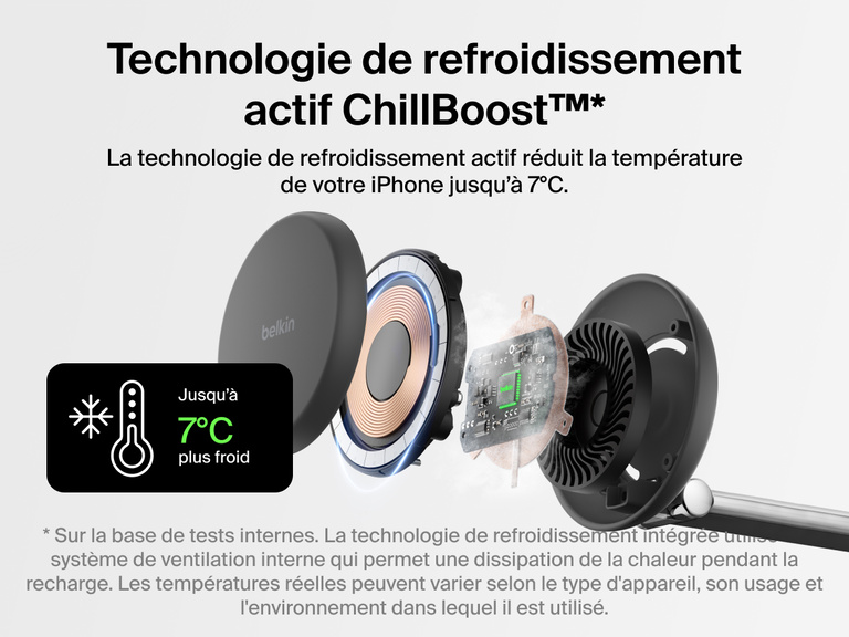 Station de recharge aimantée 3-en-1 Belkin UltraCharge Pro avec Qi2 (25 W) utilisant la technologie de refroidissement active ChillBoost™ pour réduire la température de votre iPhone jusqu’à 7°C pendant la recharge ultrarapide.