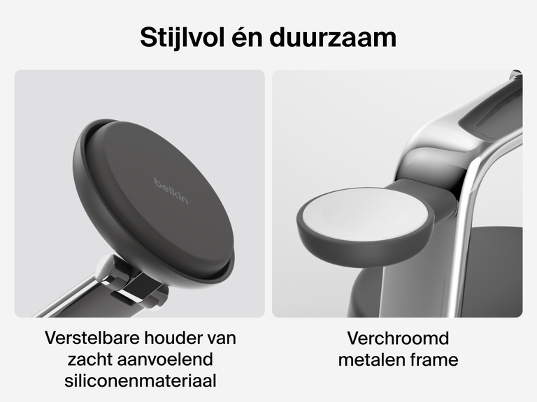 Het Belkin UltraCharge Pro 3-in-1 magnetische laadstation met Qi2 25W heeft een verstelbare houder met een zachte siliconen afwerking en een verchroomd metalen frame voor een hoogwaardig en robuust ontwerp.