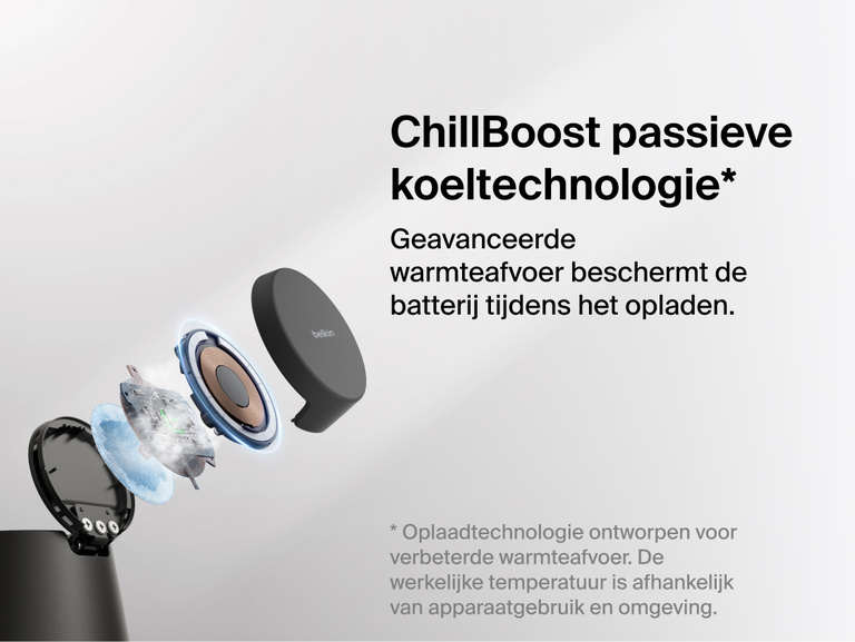 Afbeelding van het Belkin UltraCharge modulaire laadstation met Qi2 25W dat werkt met ChillBoost passieve koeltechnologie welke ontwikkeld is om warmte beter af te voeren en de batterij van het op te laden apparaat te beschermen tijdens het snel draadloos opladen.