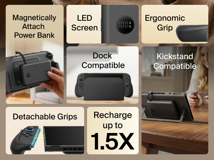 Belkin Gaming Charging Grip for Nintendo Switch 2 with magnetic power bank attachment, ergonomic grips, LED battery display, dock compatibility, and detachable Joy-Con support.