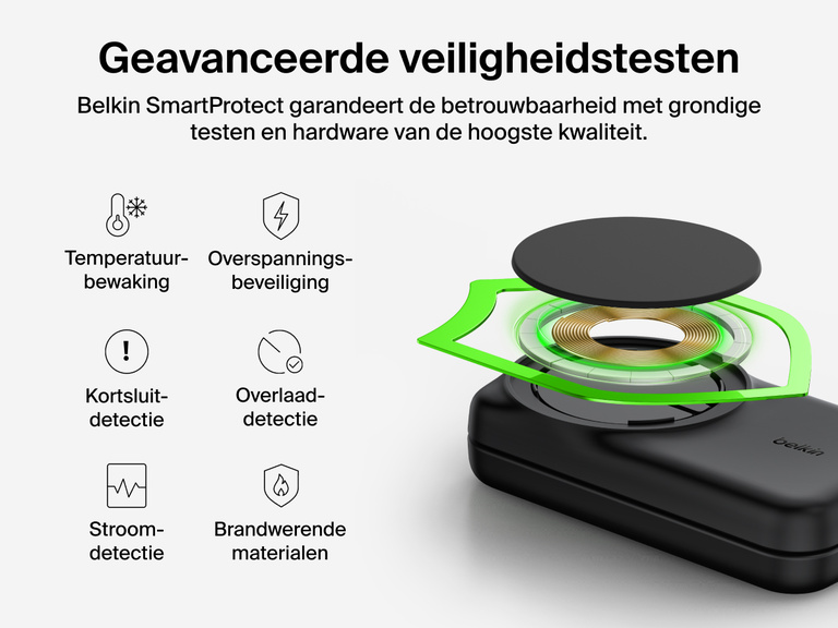 De Belkin UltraCharge 3-in-1 uitklapbare magnetische lader met Qi2 25W biedt Belkin SmartProtect voor extra veiligheid met temperatuurbewaking, overspanningsbeveiliging en brandwerende materialen.