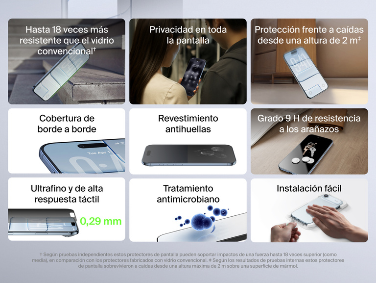 Belkin ScreenForce InvisiGlass Screen Protector for iPhone with up to 18x stronger glass, 9H scratch resistance, 6.5 ft drop protection, ultra-thin 0.29mm design, anti-fingerprint coating, antimicrobial treatment, and easy edge-to-edge application.