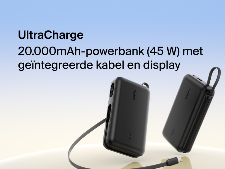 Belkin UltraCharge 20K 45W power bank with integrated USB-C cable and digital display showing portable high-capacity fast charging solution