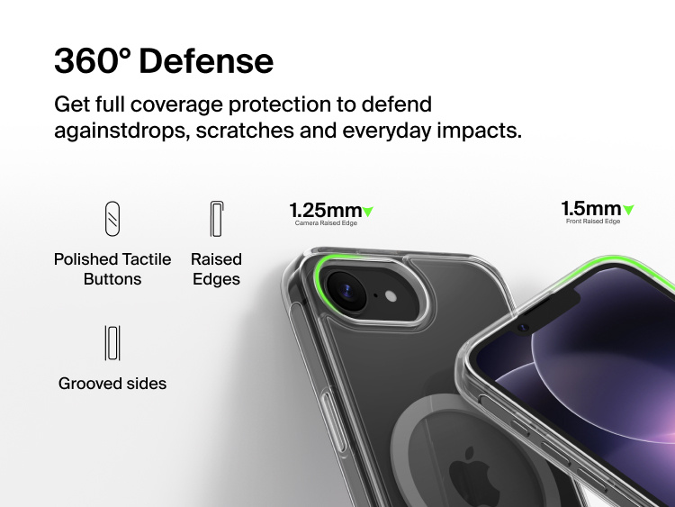 Clear magnetic phone case shown on an iPhone highlighting 360-degree protection with raised camera and screen edges, tactile buttons, and grooved sides designed to guard against drops, scratches, and everyday impacts.