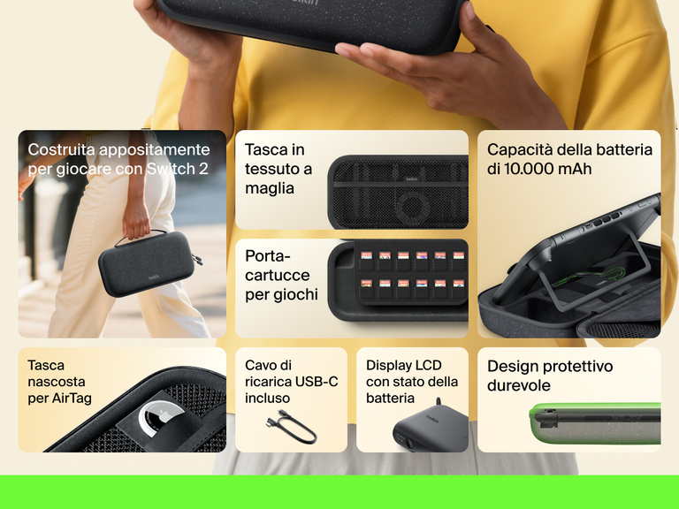 Illustrazione di un supporto di ricarica magnetica compatto 3 in 1 BoostCharge Belkin che ricarica un iPhone, un Apple Watch e gli AirPods tramite la tecnologia di ricarica wireless rapida Qi2.