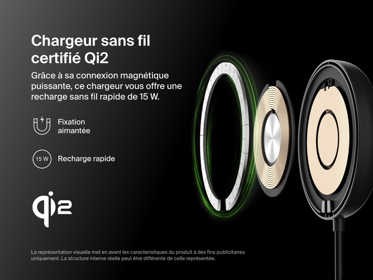 Vue éclatée d’une station de recharge sans fil noire Belkin BoostCharge Pro avec Qi2 (15 W) mettant en avant ses composants internes et sa certification Qi2, sa capacité de recharge rapide et sa fixation aimantée puissante.