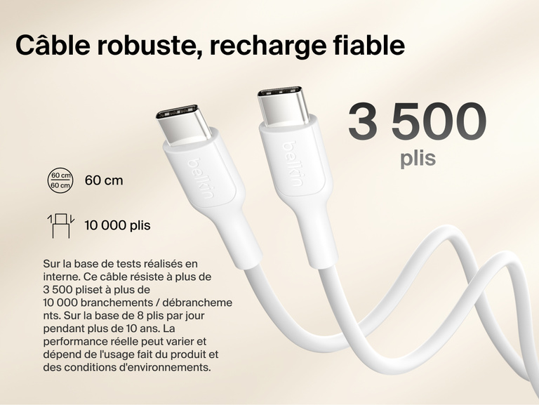 Belkin BoostCharge Slim Magnetic Power Bank 10K with included USB-C to USB-C cable highlighting durable design tested for 3,500 bends and 10,000 plug-ins