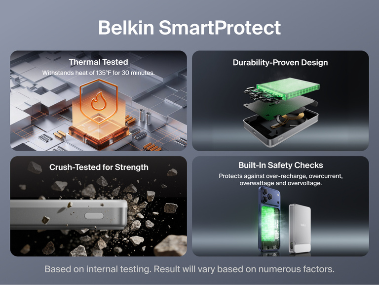 Belkin UltraCharge Slim Magnetic Power Bank 10K illustrating optimized charging with fast, stable and trickle charging to maintain long-term battery health and performance