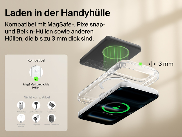 Belkin BoostCharge Slim Magnetic Power Bank 5K with Qi2 wirelessly charging a smartphone through a MagSafe-compatible case up to 3 mm thick for convenient everyday use.