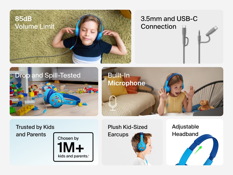 Collage of images highlighting key features of the Belkin Wired On-Ear Headphones for Kids, including an 85dB volume limit, USB-C and 3.5mm connection, built-in microphone, drop and spill resistance, plush kid-sized earcups, and adjustable headband.