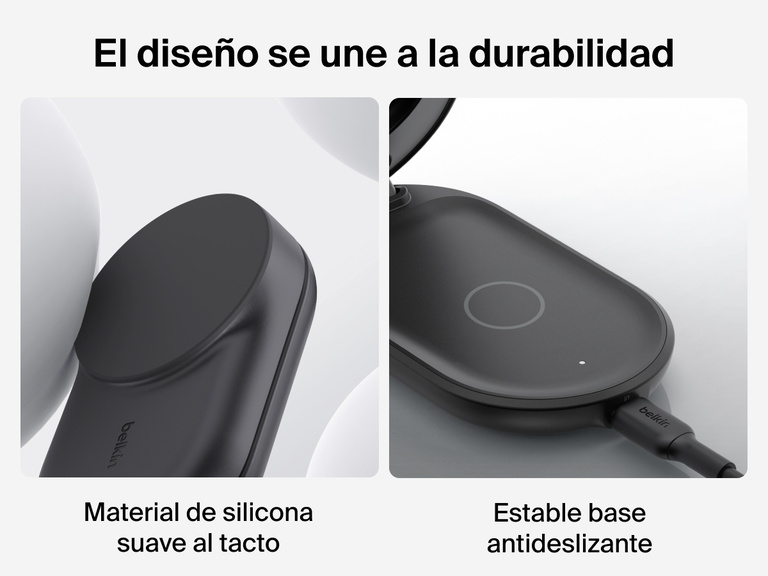 El cargador magnético plegable 3 en 1 con Qi2 25W Belkin UltraCharge incluye material de silicona suave y una base lastrada antideslizante para proporcionar una carga inalámbrica más durable y segura.