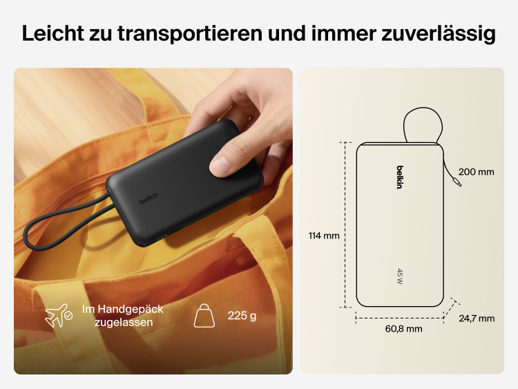 Belkin UltraCharge 10K power bank with integrated USB-C cable and digital display shown as a lightweight, TSA carry-on approved portable charger for everyday travel