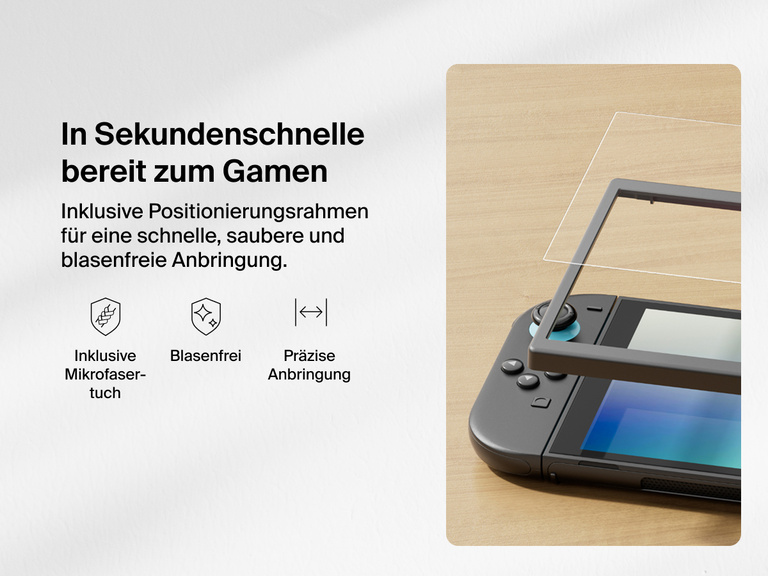 Anleitungsbild, das das Anbringen eines Belkin Displayschutzes auf einer Nintendo Switch 2 veranschaulicht. Auf der rechten Seite ist zu sehen, wie ein Easy Align-Rahmen über der Konsole platziert wird, der für eine präzise Anbringung sorgt. Auf der linken Seite steht „In wenigen Sekunden spielbereit“. Es wird gezeigt, dass der Rahmen ein schnelles, sauberes und blasenfreies Anbringen des Displayschutzes ermöglicht. Darunter sind Symbole zu sehen, die anzeigen, dass im Set ein Mikrofasertuch enthalten ist, dass ein blasenfreies Ergebnis erwartet werden kann und dass eine präzise Anbringung garantiert wird.