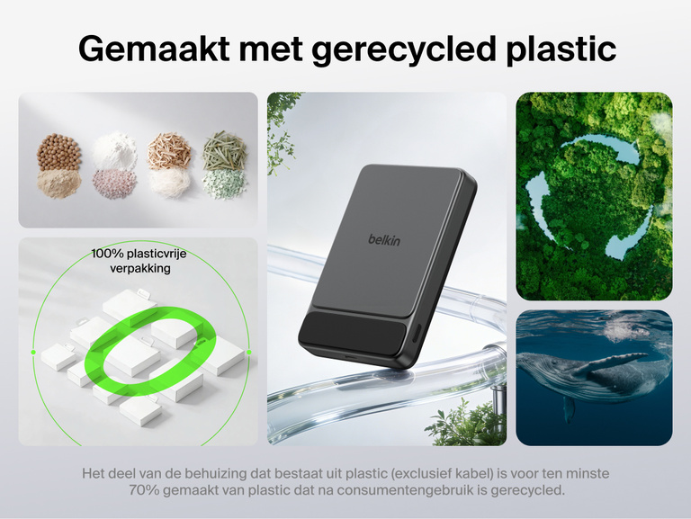 Belkin UltraCharge Slim Magnetic Power Bank 10K highlighting sustainable design made with recycled plastic and plastic-free packaging for eco-friendly portable charging
