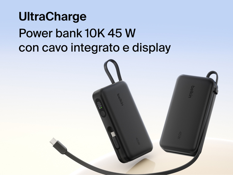Belkin UltraCharge 10K 45W power bank with integrated cable and digital display showing battery level, designed for fast portable charging.