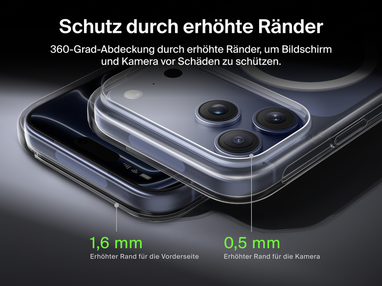 Belkin SheerForce Clear Series Case for iPhone 17 shown with 13-foot drop test and military-grade protection.