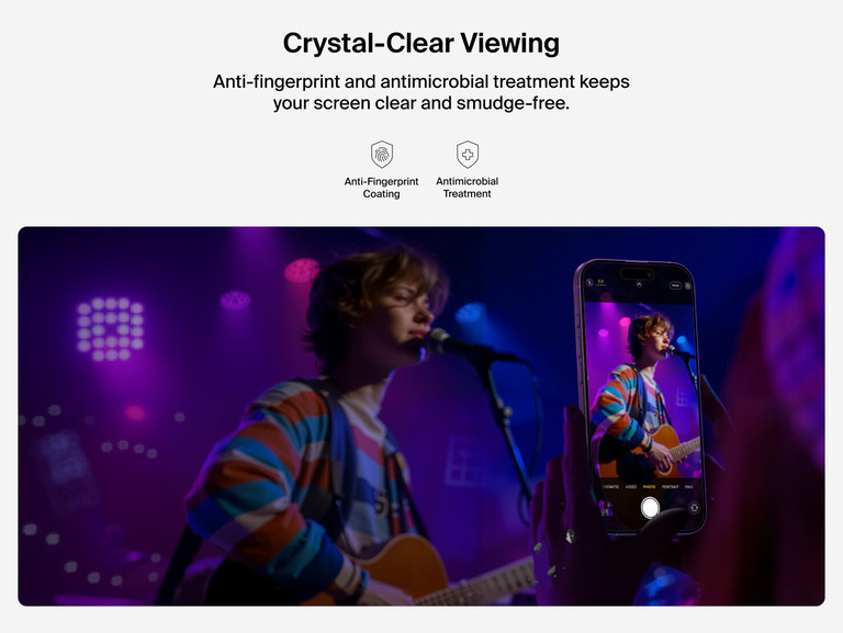 Belkin ScreenForce TemperedGlass Screen Protector 1-Pack with anti-fingerprint coating and antimicrobial treatment for crystal-clear, smudge-free iPhone viewing.