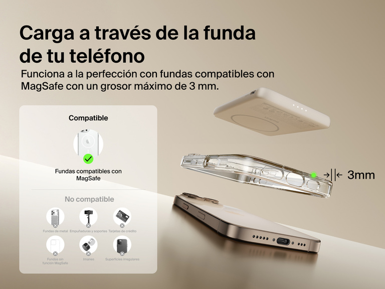 Belkin BoostCharge Slim Magnetic Power Bank 5K shown aligning with a smartphone and MagSafe-compatible case, demonstrating wireless charging through cases up to 3mm thick.