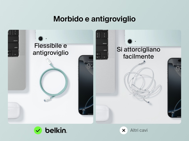 Confronto affiancato che mostra la morbidezza, la flessibilità e la resistenza ai grovigli del cavo da USB-C a USB-C da 60 W Belkin BoostCharge, rispetto ai cavi standard che si attorcigliano facilmente.