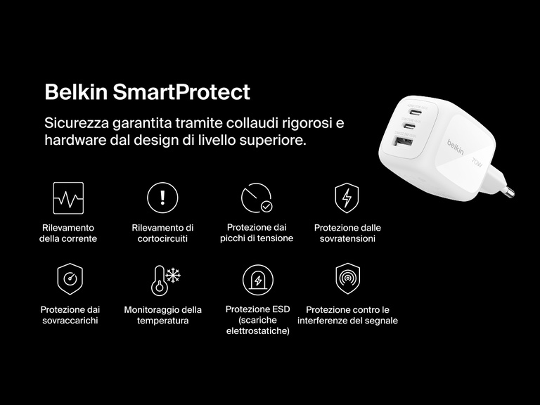 BoostCharge Pro 3-Port GaN Wall Charger 70W with Belkin SmartProtect features advanced safety protections including surge, overload, and temperature monitoring for reliable charging.