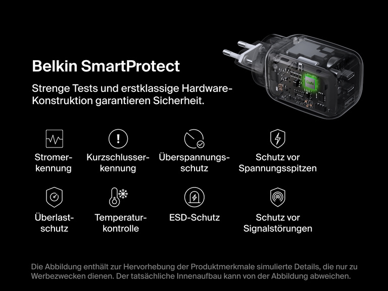 BoostCharge Pro 3-Port GaN Wall Charger 100W shown with simulated internal view, highlighting Belkin SmartProtect features like surge, over-voltage, and short-circuit protection for safe charging.