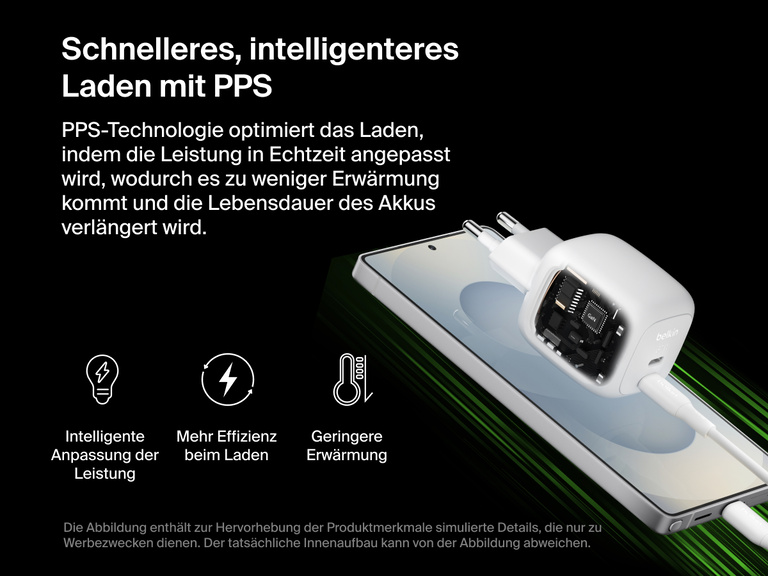 Das Belkin BoostCharge Pro USB-C-GaN-Ladegerät mit zwei Anschlüssen (67 W) wird beim Gebrauch der PPS-Technologie gezeigt, die zum intelligenten Anpassen der Leistung und zur Verbesserung der Effizienz beim Laden dient. Sie verhindert zudem starke Erwärmung beim Schnellladen.
