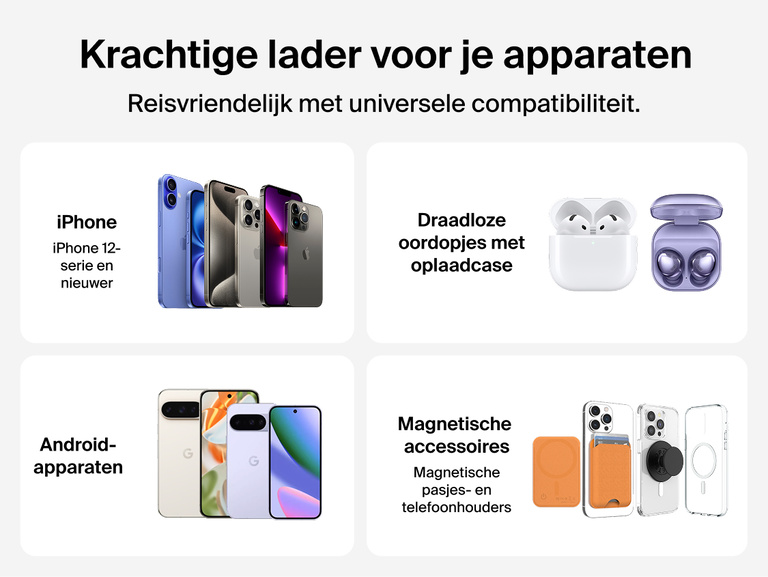 Slim Magnetic Power Bank 10K with Qi2 displayed with smartphones, earbuds, and magnetic accessories demonstrating broad compatibility