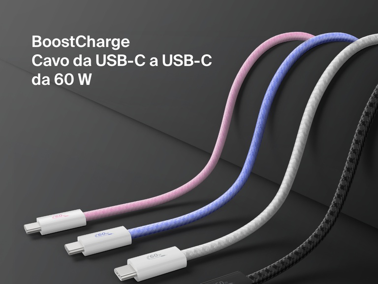 Immagine dei quattro colori disponibili (rosa, blu, bianco e nero)  del cavo da USB-C a USB-C da 60 W Belkin BoostCharge, un cavo di ricarica rapida dal design intrecciato per i dispositivi USB-C.